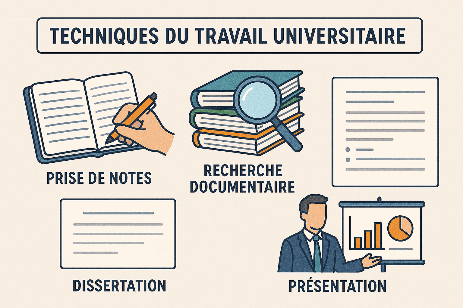 Cette illustration résume les différentes techniques du travail universitaire